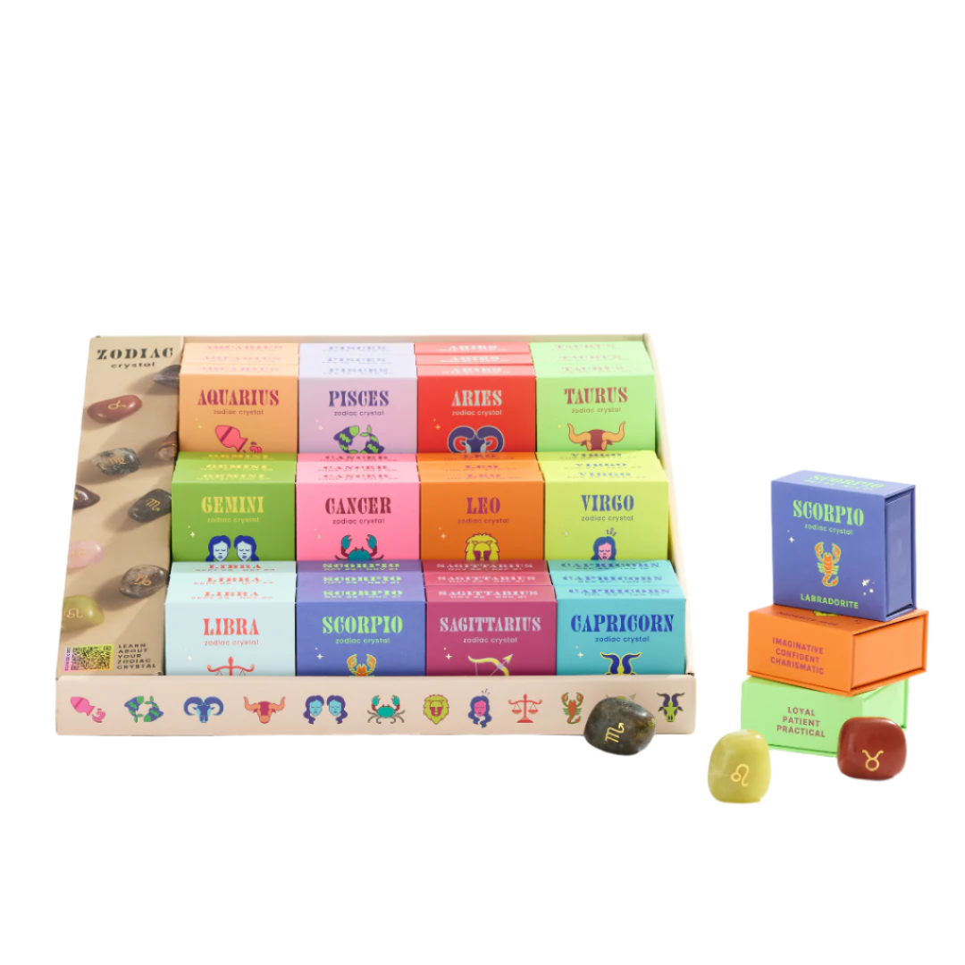 Zodiac crystal stone collection featuring 12 astrology signs with matching healing gemstones in colorful gift boxes – Funky Confetti